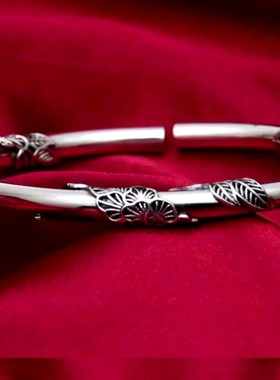 纯银醉花吟开口手镯925古风复古