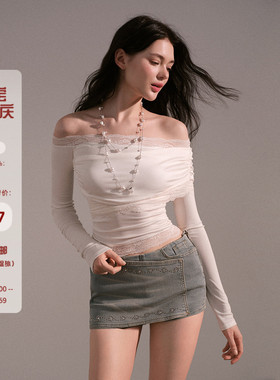 Mess Studio 辣妹高级感修身收腰蕾丝花边长袖白色一字肩上衣女春