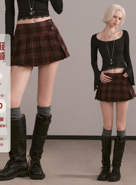 Mess Studio 甜酷辣妹a字羊毛短裙红黑格子百褶半身裙女短款春秋