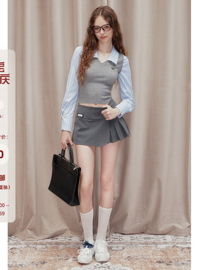 Mess Studio 辣妹穿搭灰色百褶裙高腰显瘦A字裙半身裙女西装短裙