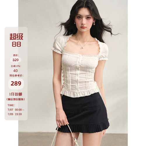 Mess Studio 辣妹设计感短款绑带收腰方领上衣短袖白色娃娃衫女夏