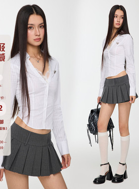 Mess Studio 辣妹设计感拼接蕾丝收腰短款V领白色条纹衬衫女早春