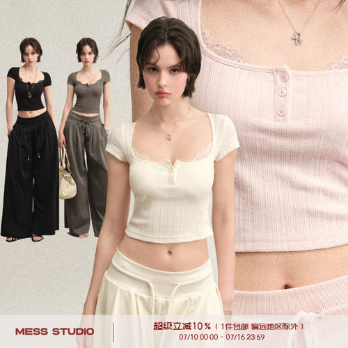 Mess Studio 辣妹设计感修身短款方领蕾丝坑条带胸垫短袖T恤女夏
