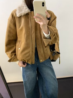 欧货高端2025冬季新款百搭宽松显瘦时尚翻领鹿皮绒外套通勤棉服女