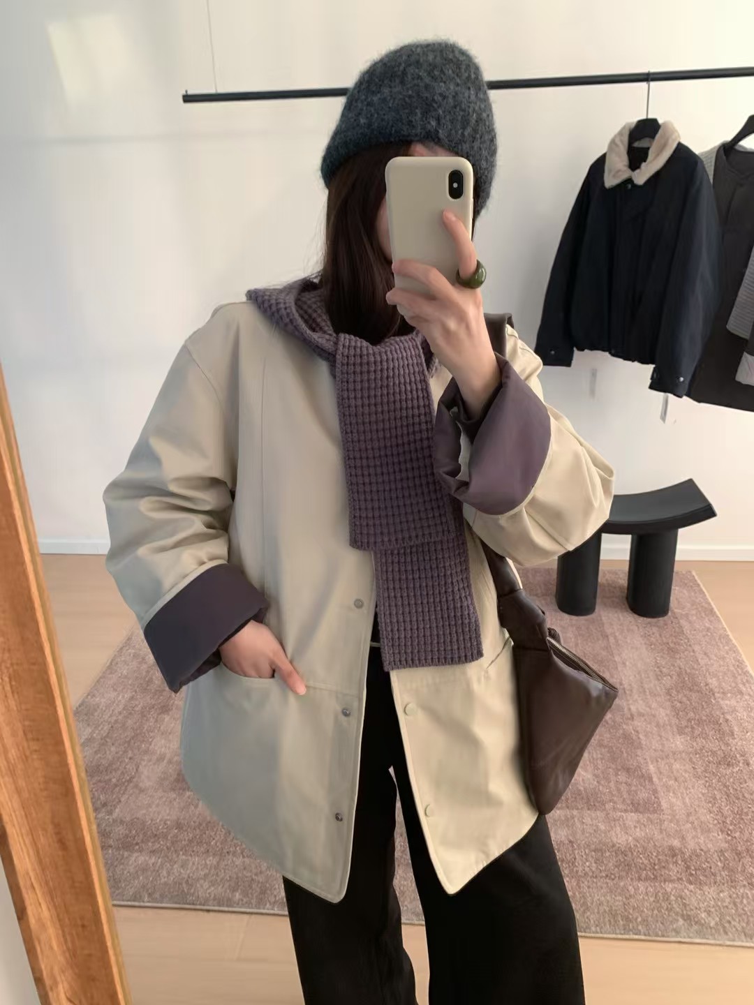 实体店韩系羽绒派克服单排扣纯色圆领保暖羽绒服外套配披肩