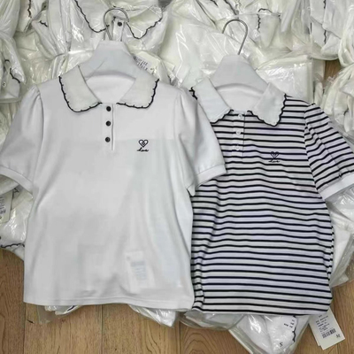 法式夏季刺绣蝴蝶结简约宽松小众娃娃领polo翻领短袖T恤女打底T