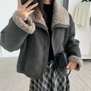 法式高级感翻领毛毛皮毛一体外套2025秋冬新款加绒加厚保暖外套女