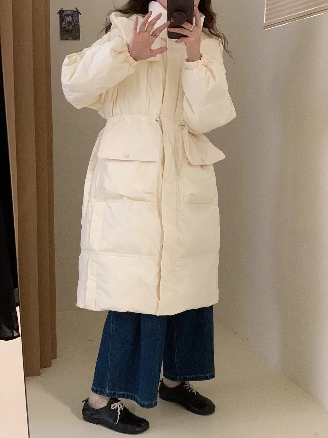 90白鸭绒羽绒服女冬中长款宽松加厚ins收腰连帽白色面包服外套