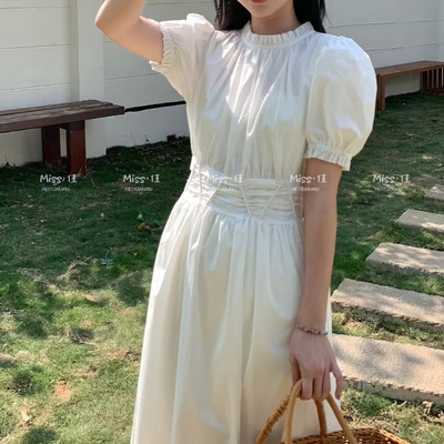 高个子法式泡泡短袖收腰蓬蓬长款连衣裙春夏百褶木耳边衬衫长裙