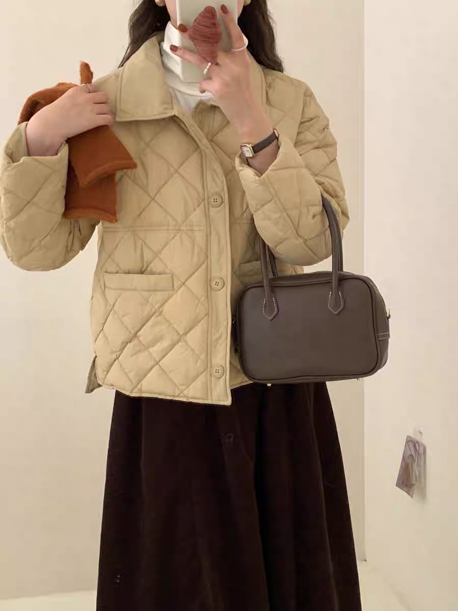 韩系秋冬新款羽绒服短款菱形格小个子轻薄款90白鸭绒保暖外套