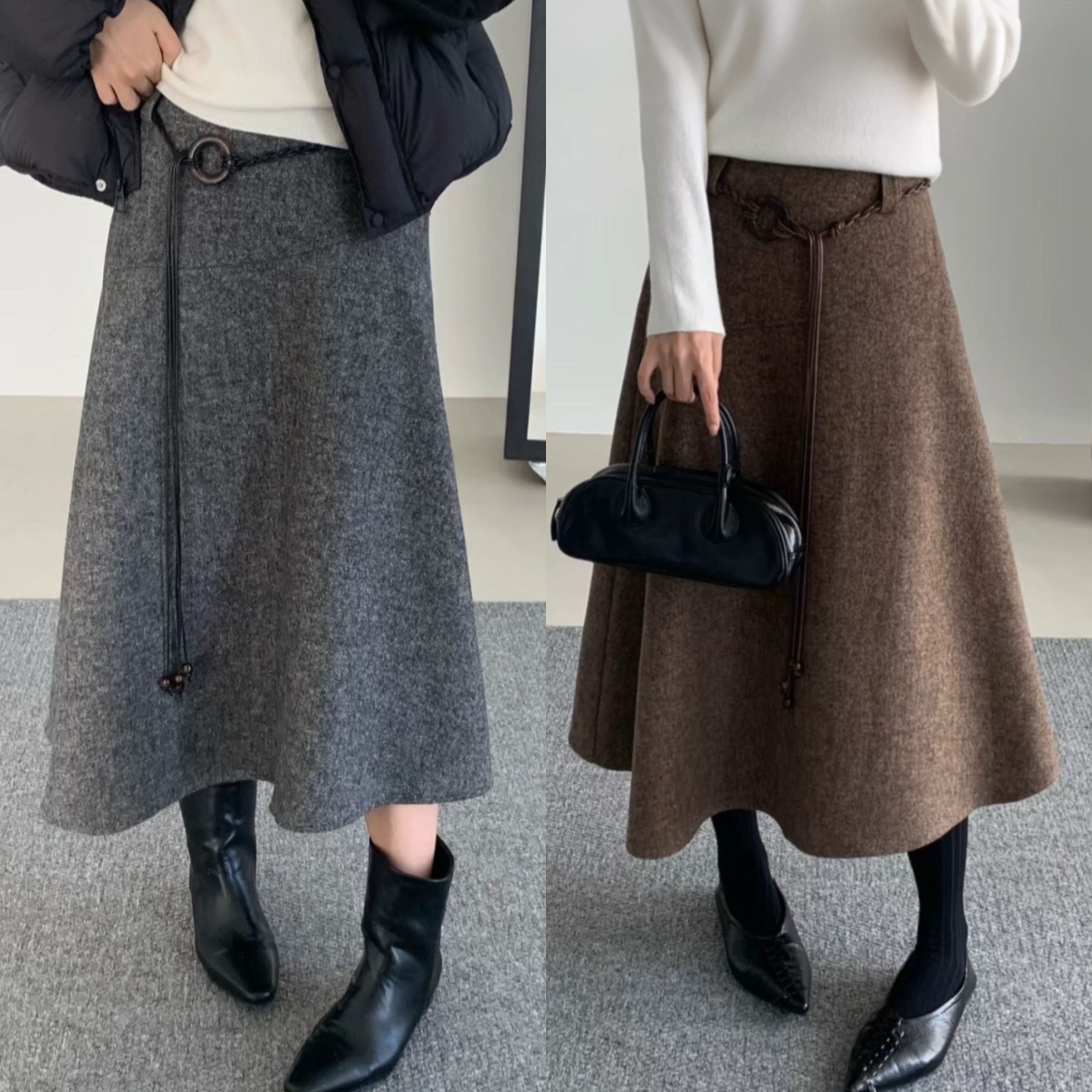 实体店编织腰带不规则羊毛呢半身裙女秋冬新品高腰百搭A字中长裙