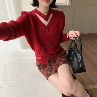 2025秋冬新款韩版设计感小众挂脖针织软糯开衫女显瘦毛衣外套上衣