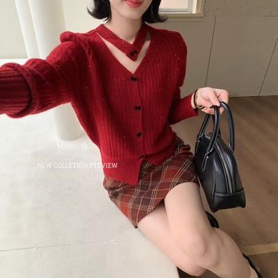 2025秋冬新款韩版设计感小众挂脖针织软糯开衫女显瘦毛衣外套上衣