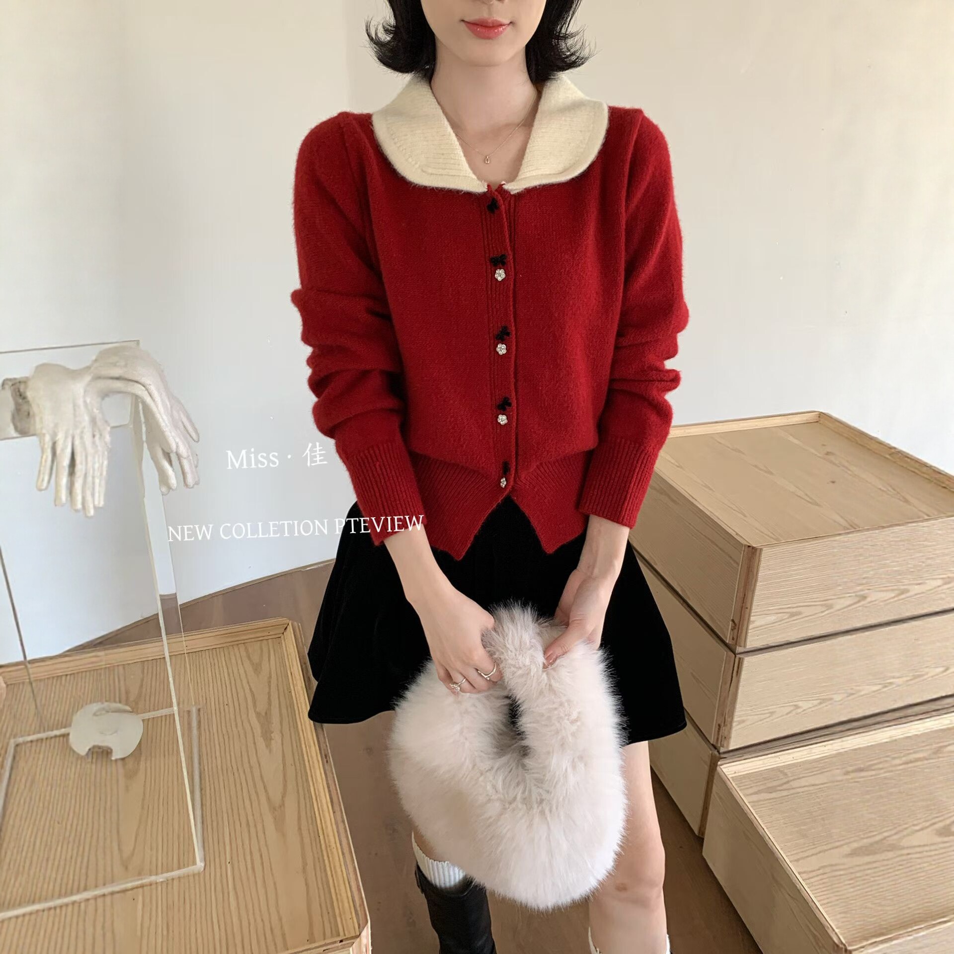 韩系2025秋冬新款娃娃领拼色翻领针织开衫女宽松显瘦百搭毛衣外套