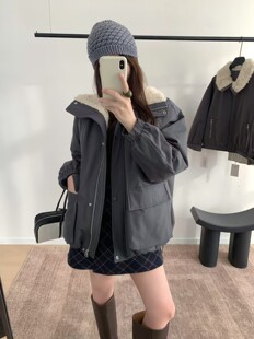 欧货高端羊卷毛领派克冲锋衣羽绒服女宽松大口袋中长款保暖外套