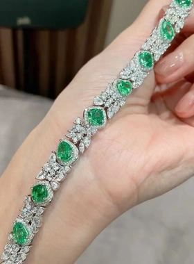 925银镀金 高碳钻 培育绿钻 手工镶嵌豪华不规则异形手链