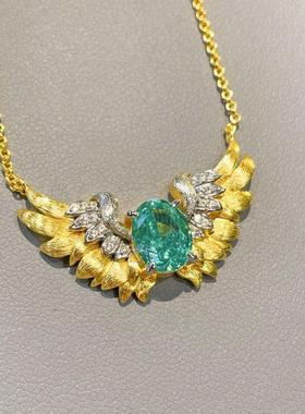 925银镀金 欧美 高碳钻培育帕拉伊巴天使之翼 手工拉丝项链女