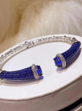 925银镀金  实验室合成蓝宝高碳钻 豪镶气质渐变满钻开口男女手镯