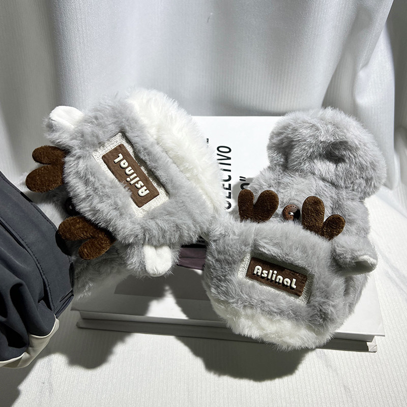 拼色鹿角半指翻盖写字手套女冬天