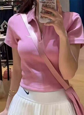 Nike耐克女子短袖T恤翻领POLO衫深V修身短款上衣 DV7885 HJ6852