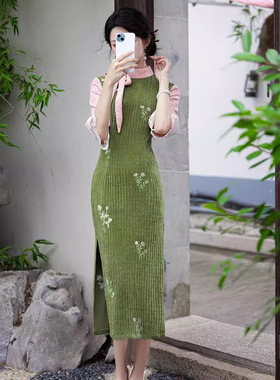 绿色改良素雅年轻款旗袍2024秋季复古民国风优雅修身雪尼尔连衣裙