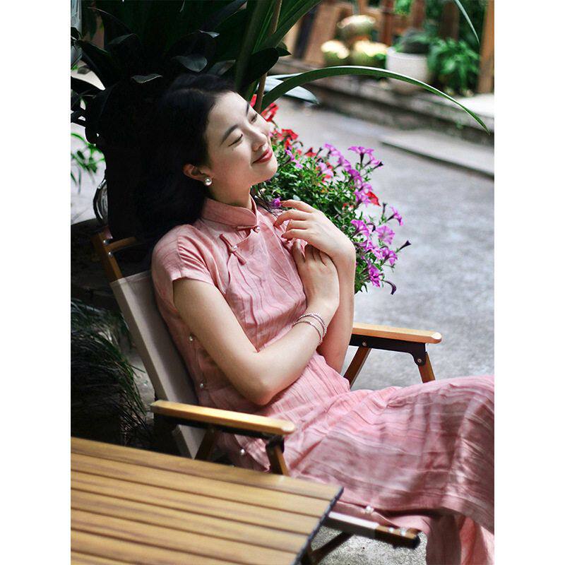 新中式《灼灼其华》日常改良文艺少女复古长款旗袍粉色连衣裙夏季