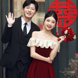 一字肩订婚礼服2025新款敬酒服新娘结婚宴裙子回门便装连衣裙