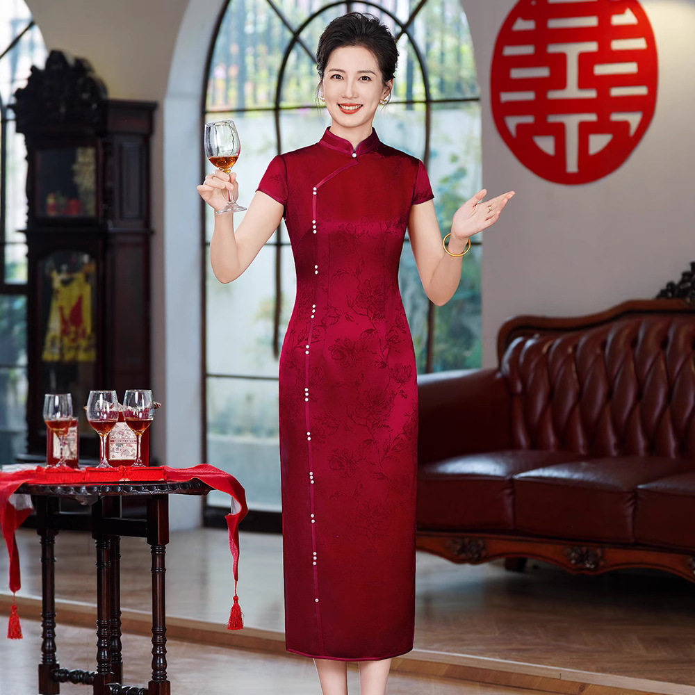 妈妈结婚旗袍新中式2025年夏季新款醋酸提花喜婆婆婚宴礼服60712