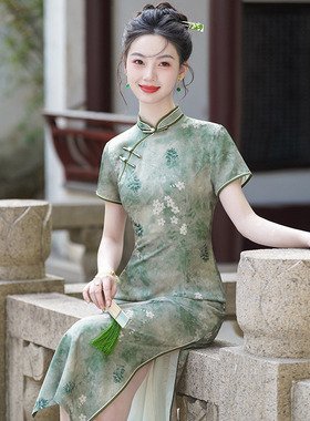 国风中式长款旗袍改良年轻款2025新款女复古修身短袖夏季日常