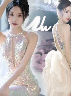 鱼尾晚礼服2025新款气质长款轻奢小众显瘦挂脖订婚敬酒服宴会
