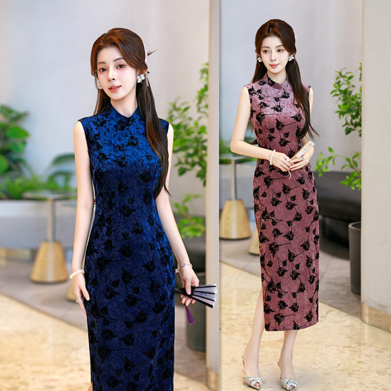 复古改良新中式长款钻石绒无袖旗袍2025初秋新款简约时尚港风