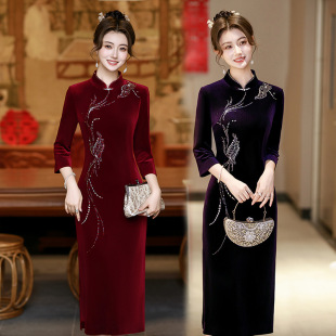 酒红色感喜婆婆旗袍婚宴装2025新款女喜妈妈结婚喜宴喜服春秋