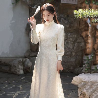 米白色蕾丝显瘦新中式国风改良旗袍年轻款女复古长袖连衣裙春秋装