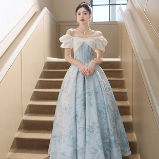 蓝色晚礼服裙女宴会主持人气质轻奢小众法式一字肩学生艺考礼服