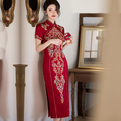 时尚改良新中式针织提花刺绣旗袍2025秋冬新款女士显瘦连衣裙