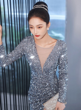 亮片晚礼服轻奢法式新款2025轻奢性感气质鱼尾主持人宴会连衣裙