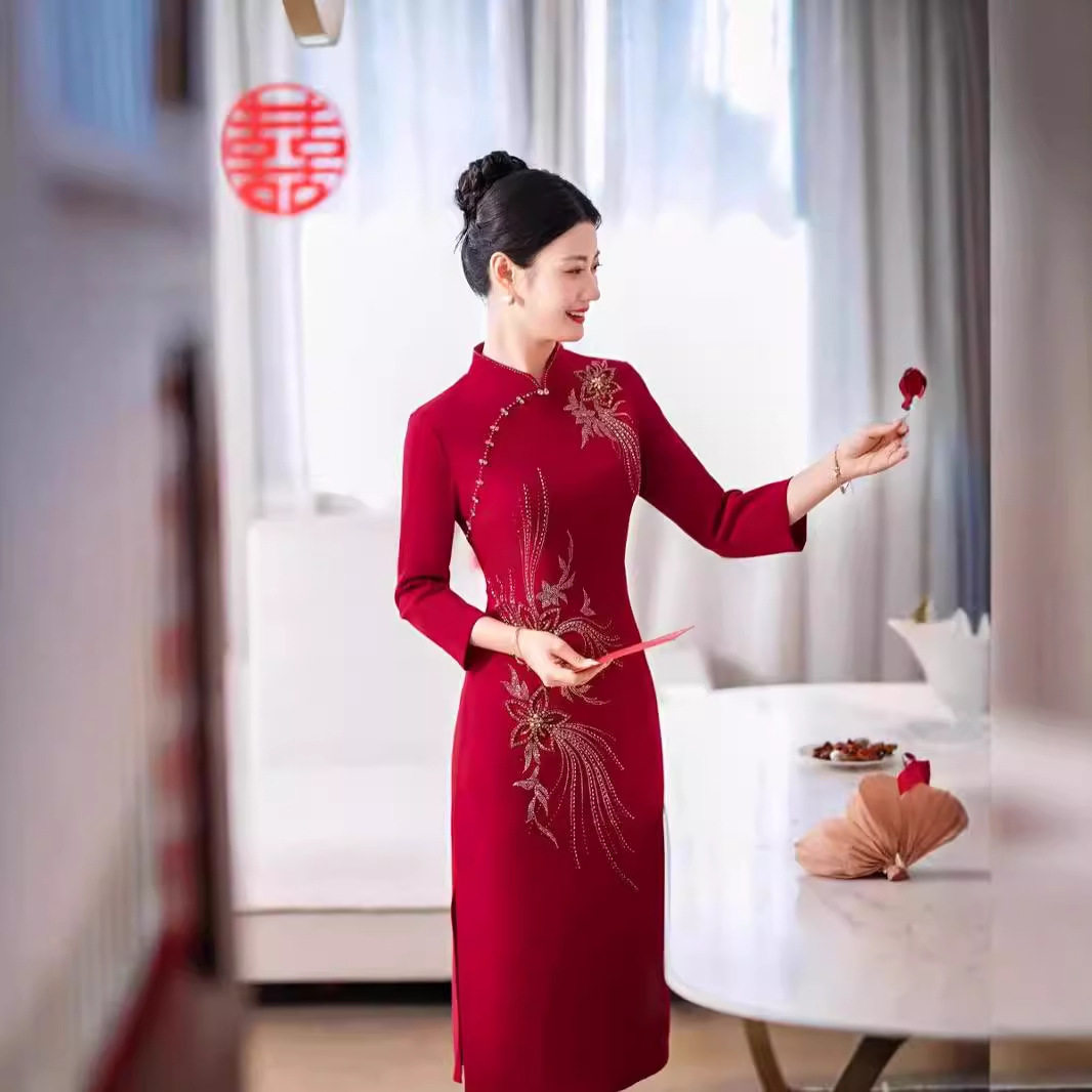 喜婆婆婚宴装2024新款夏季九分袖改良旗袍裙洋气结婚妈妈婚礼服