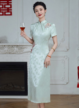 高端妈妈婚宴礼服2025新款短袖醋酸提花旗袍连衣裙日常可穿60713