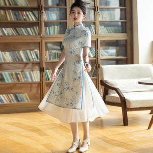 素雅印花旗袍2025春夏复古民国风优雅气质年轻款奥黛连衣裙茶服
