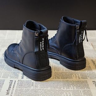 头层牛皮马丁靴女2024冬季新款加绒英伦风短靴百搭靴后拉链平底靴