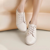 歌迈宽楦舒适女鞋 女厚底 一脚蹬单鞋 真皮软底休闲鞋 松紧系带妈妈鞋