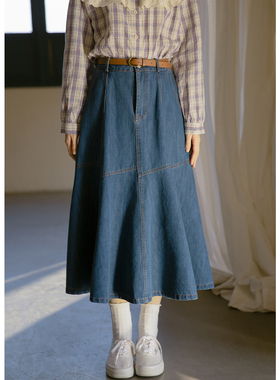 爱爱丸 复古蓝色牛仔半身裙女春季新款不规则裁片拼接鱼尾裙长裙