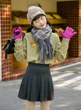 爱爱丸 紫色格纹流苏围巾女英伦复古小众保暖温柔气质减龄秋冬