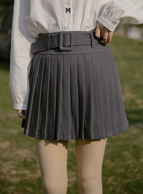爱爱丸 腰带设计百褶半身裙短款灰色高腰垂坠感百搭复古学院风