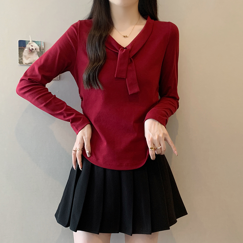 2025秋装新款胖mm大码女甜美时尚绑带弧形长袖内搭上衣