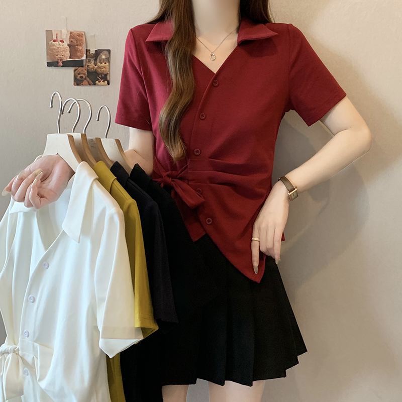 2025夏装新款胖mm大码女洋气别致不规则收腰绑带短袖T恤