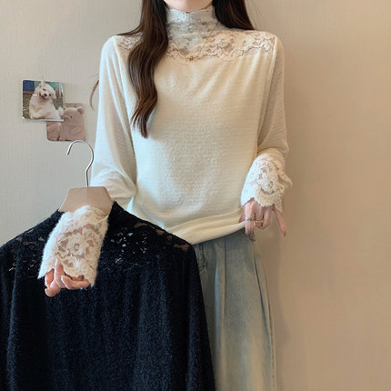 2024秋冬新款胖mm大码女高领蕾丝拼接加绒加厚打底衫上衣