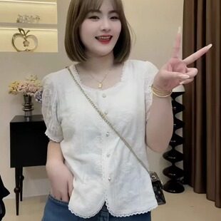 微胖mm洋气显瘦小衫 复古法式 女夏季 蕾丝绣花短袖 上衣 衬衫