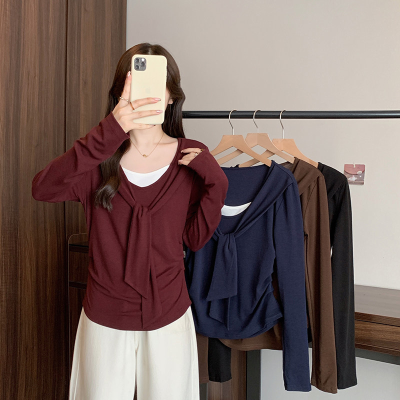 2026春装新款胖mm大码女时尚简约假两件绑带掐腰长袖T恤