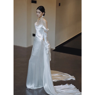 法式 轻奢高级感轻婚纱小众缎面晨袍新娘敬酒服迎宾出门纱礼服裙